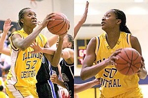 Suzanne Bofia (52) and Beatrice Bofia (50) are being recruited by Arizona next year. The twins, who will transfer  from Illinois Central College as juniors, helped their team win the NJCAA Division II National Championship.