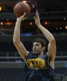 West Virginia forward Joe Alexander takes a shot during his teams practice Wednesday in the Verizon Center in Washington D.C.  Alexander, who averages a team-high 16.8 points per game, is a key part of West Virginias offense.