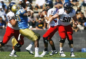 Arizona center Blake Kerley, 50, injured his left knee in the third quarter of the Wildcats 31-10 win over UCLA Saturday in Pasadena, Calif. Kerley will likely miss the rest of the season, forcing redshirt sophomore guard Colin Baxter to move to center and junior Mike Diaz to start in Baxters place.