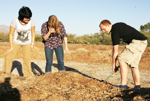 Rodney Haas / Arizona Daily Wildcat

Polly Juang (Asian) Alex Harris, Rachel Maxwell (blonde) Are members of Students for Sustainability who are looking recycle compost