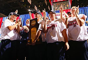 Arizona softball players gather together to sing Bear Down after winning the schools seventh softball national title by beating Northwestern in two games.