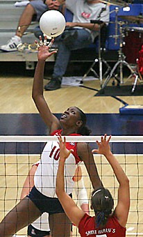 UA middle blocker Dominique Lamb tips the ball in Arizonas five-set loss to St. Marys in McKale Center Aug. 25. With 34 blocks in 21 games, Lamb leads all active Paciic 10 Conference players in that category and needs 14 stuffs to take over fourth in Arizona history in blocks.