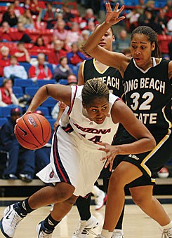 Arizona forward Whitney Fields drives past Long Beach State forward Nondi Johnson on her way to the hoop in the second half of Arizonas 77-39 win over the 49ers yesterday in McKale Center.  After ending their two-game losing streak with the win, the Wildcats play Fresno State Monday night at 7 in McKale Center to complete their nonconference schedule.