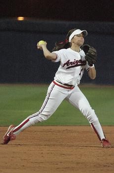 UA shortstop KLee Arredondo prepares to fire the ball toward first base during an 11-3 win against Oregon on March 28 at Hillenbrand Stadium.
