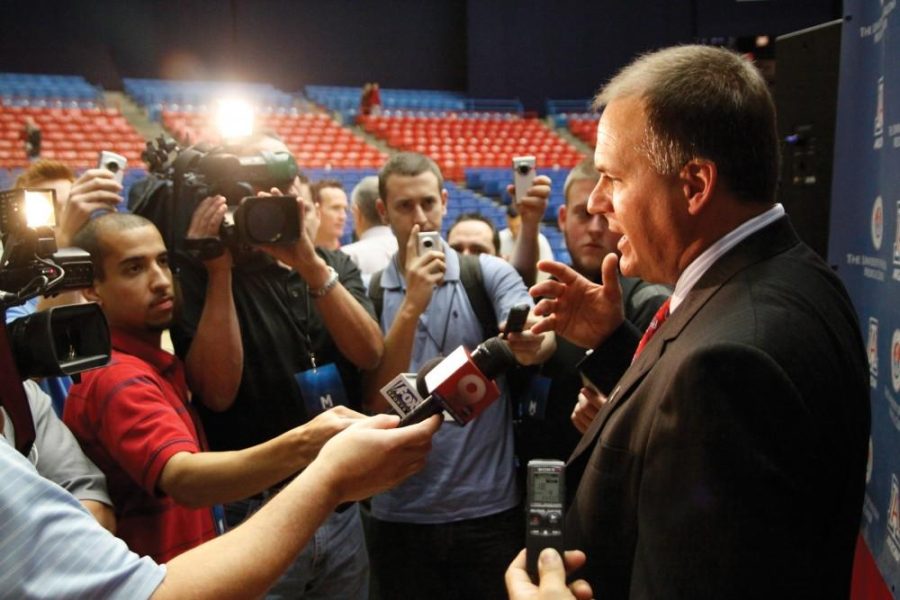 Keith Hickman-Perfetti/Arizona Daily Wildcat

Rich Rodriguez answers questions after his press conference to officially announce his appointment to the head coach of UA football, on 22 Nov. 2011.  

Keith Hickman-Perfetti/ Arizona Daily Wildcat