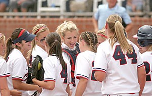 The No. 3 Arizona softball team celebrates the end of the top of the second inning in its last home game, an 8-3 loss to No. 1 UCLA April 9 at Hillenbrand Stadium. After a 5-3 road trip, the Wildcats return for eight straight games to end the season, including tonights 7 p.m. contest against No. 6 ASU at Hillenbrand Stadium.