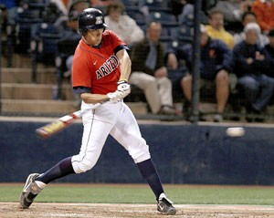Arizona first baseman C.J. Ziegler swings at an offering in a 6-2 win against Cal State-Fullerton on March 15 at Frank Sancet Stadium. The No. 6 Wildcats take on No. 23 UCLA tonight to open up their first Pac-10 homestand.