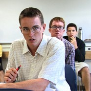 The opening scene of the short movie, Scene 5, which was featured in the top 16 of the Western Conference Campus Movie Fest, shows director James Tullar as he stares at his classroom infatuation (Allison). From front to back are other cast-members James Conway, Paul Gordon, and Anthony Holbrook