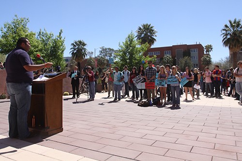 Will Ferguson/Arizona Daily Wildcat

Daniel Hernandez, a political science student and ASUA presidential candidate, addresses a crowd in front of the UA administration building on March 23, 2011.  The crowd gathered to protest tuition increases and state budget cuts to education.
