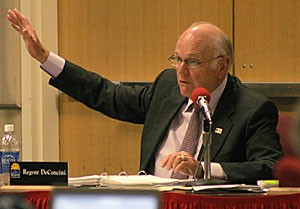 Regent Dennis DeConcini addresses the Arizona Board of Regents during the debate over student fees during their meeting yesterday. DeConcini helped introduce the student proposal for a $36 fee, which regents eventually denied in favor of a $50 fee proposed by President Robert Shelton.