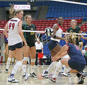 Libero Brittany Leonard digs a kill attempt in Arizonas four-set win over San Francisco Aug. 26 in McKale Center. Leonard and the Wildcats return home for the Wildcat Classic this weekend after going 2-1 at the Louisville Tournament last week.