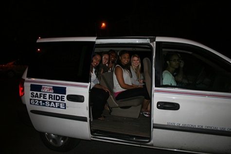 Annie Marum  / Arizona Daily Wildcat

Safe Ride passengers ride with sophomore driver Michael Bowman on Monday, April 11. ASUA's Safe Ride broke a record Thursday night for the most passengers in one night. "We had a total of 1,019 people, there was a lot going on to say the least," said Bowman.

Safe Ride passengers Rebekah Jackson, Julie Morse, Jasmine Larkins, Raashi Parihar, Kiah Egebreston and Desiree' Bock get a ride from Manzanita-Mohave Residence Hall by Safe Ride driver Michael Bowman  Monday, April 11.