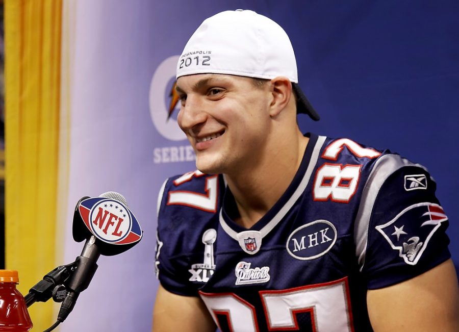 Tight end Rob Gronkowski (87) of the New England Patriots speaks to reporters during the AFC Champions' Media Day session at Lucas Oil Stadium for Super Bowl XLVI on Tuesday, January 31, 2012, in Indianapolis, Indiana. (Sam Riche/MCT)