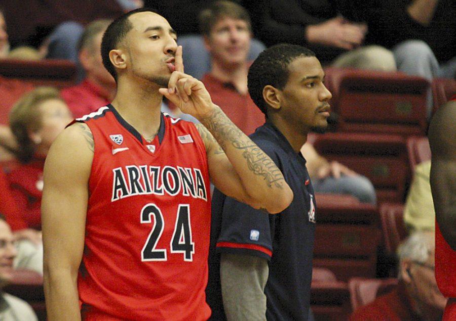 Colin Darland / Daily Wildcat

Arizona senior guard Brendon Lavender shushes the crowd late in the second half of the Arizona Wildcats match-up against the Stanford Cardinal in Maples Pavilion on Saturday, February 4, 2012. The Wildcats went on to win 56-43