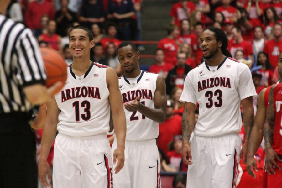 Colin+Darland+%2F+Daily+Wildcat%0A%0AArizona+freshman+guard+Nick+Johnson%2C+13%2C+senior+guard+Kyle+Fogg%2C+21%2C+and+senior+forward+Jesse+Perry%2C+33%2C+ready+for+a+pair+of+foul+shots+late+in+the+second+half+of+the+Wildcats+match-up+against+the+Utah+Utes+in+McKale+Center+on+Saturday%2C+February+11%2C+2012%0A