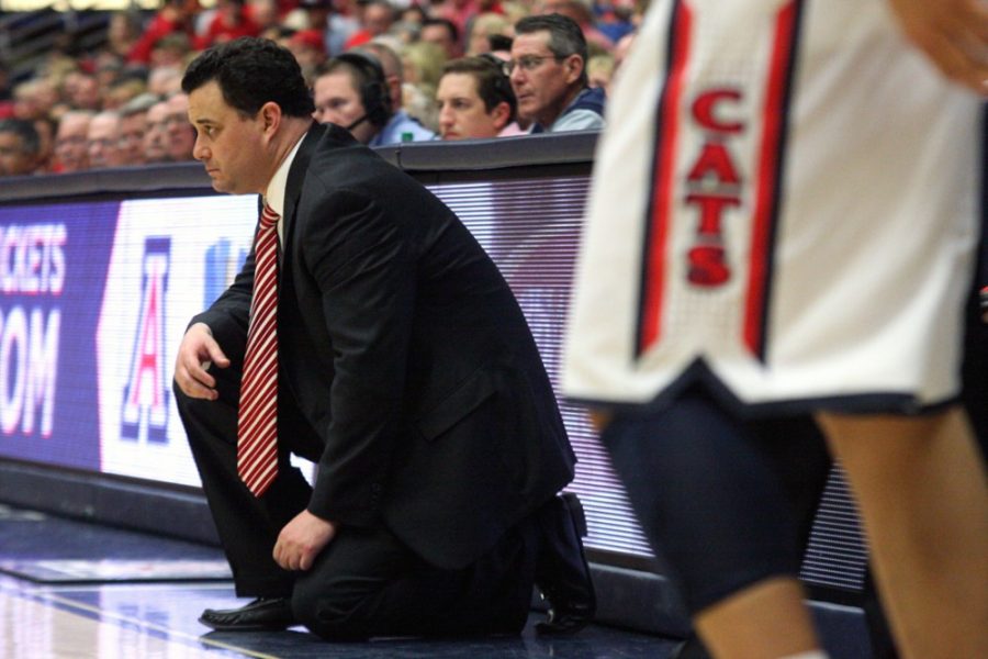 Arizona mens basketball head coach Sean Miller stares on with concentration late during the second half of the Wildcats Thursday match-up against the USC Trojans in McKale Center on February 22, 2012. 

Colin Darland / Daily Wildcat

