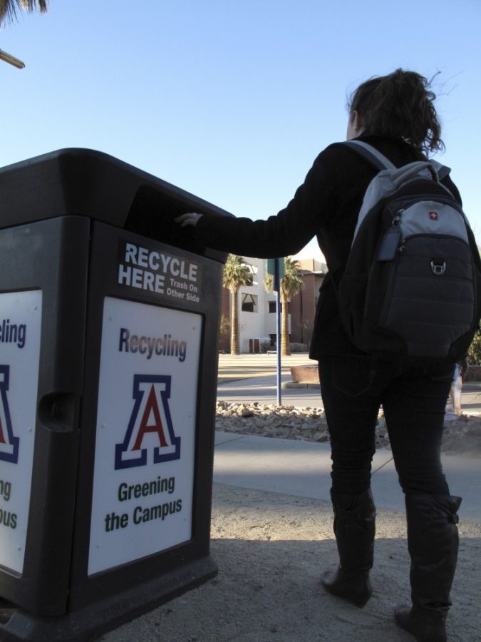 Robert Alcaraz/ Arizona Daily Wildcat

The new Greening the Campus project is picking up speed as students notice the recycle bin on Wednesday, Feb. 2, 2011. The recycle bin has a side for trash and recyclables.