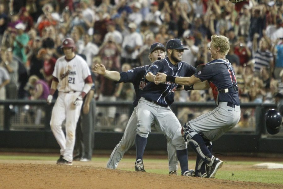 The Arizona Wildcats celebrate after defeating the South Carolina Gameocks during the College World Series at TD Ameritrade Park in Omaha, Nebraska, Monday, June 25, 2012. (Gerry Melendez/The State/MCT)
