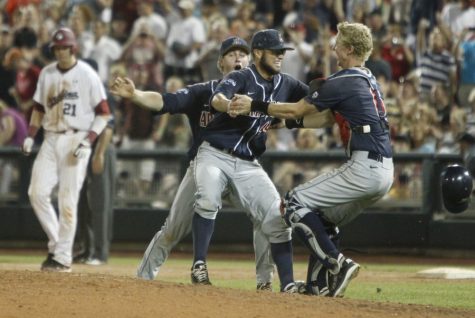 The Arizona Wildcats celebrate after defeating the South Carolina Gameocks during the College World Series at TD Ameritrade Park in Omaha, Nebraska, Monday, June 25, 2012. (Gerry Melendez/The State/MCT)