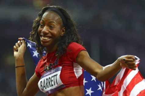 USA's Brigetta Barrett celebrates her second-place finish in the women's High Jump at the Summer Olympics on Saturday, August 11, 2012, in London, England. (Nhat V. Meyer/San Jose Mercury News/MCT)