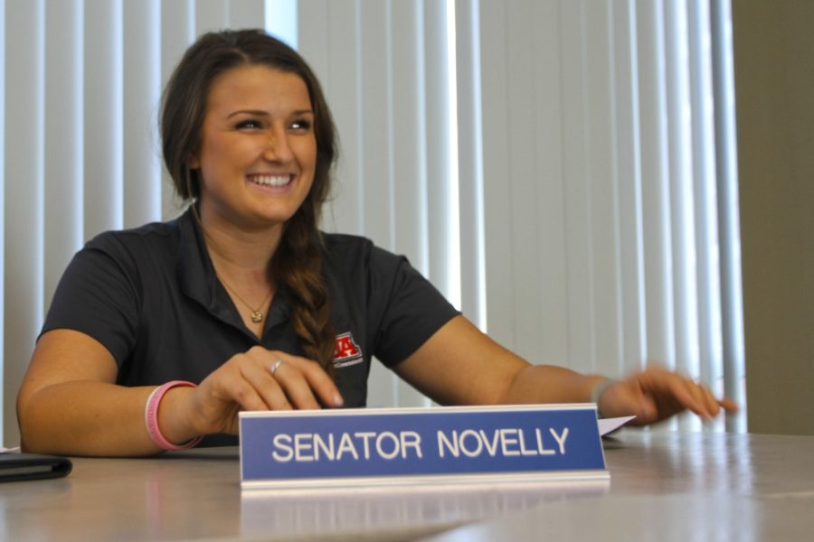 Ernie Somoza/Arizona Daily Wildcat

Danielle Novelly, an ASUA senator, sits in on an ASUA meeting in the Ventana Room on Wednesday, Sept. 12, 2012. Novelly is pushing for additional rec classes.