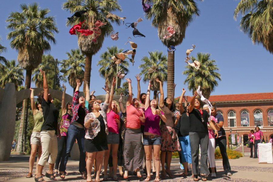 Kyle Wasson / Arizona Daily Wildcat

UA students throw their bras in the air to signify the start of Breast Cancer Awareness Month at the Womens Plaza of Honor on Oct. 1, 2012.