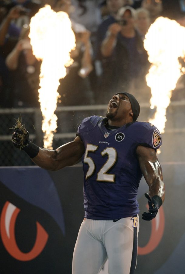 Ray Lewis performs his pre game ritual during player introductions.  The Baltimore Ravens defeat the New England Patriots 31-30 in Baltimore, Maryland, on Sunday, September 23, 2012. (Doug Kapustin/MCT)
