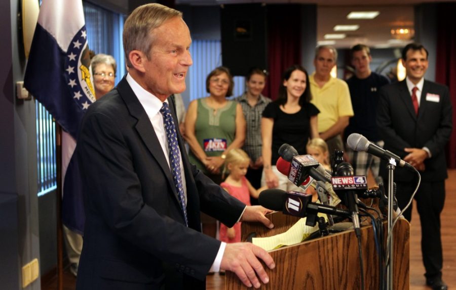 U.S. Rep. Todd Akin (R-MO) speaks at a news conference in Chesterfield, Missouri, where he announced his plans to stay in the race for the U.S. Senate, Friday, August 24, 2012. (Robert Cohen/St. Louis Post-Dispatch/MCT)