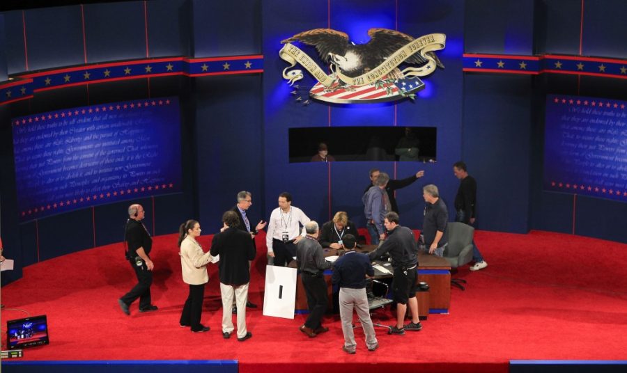 Technicians and producers prepare the debate stage in the Norton Center for the Arts on the Centre College campus in Danville, Kentucky, on Wednesday, October 10, 2012. The vice presidential debate between Democratic incumbent Vice President Joe Biden and Republican challenger Paul Ryan is set for Thursday night. (Charles Bertram/Lexington Herald-Leader/MCT)