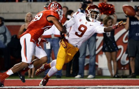 USC&apos;s Marquise Lee (9) can&apos;t make the catch in the end zone as Utah&apos;s Reggie Topps defends in the second quarter at Rice-Eccles Stadium in Salt Lake City, Utah, on Thursday, October 4, 2012. (Wally Skalij/Los Angeles Times/MCT)