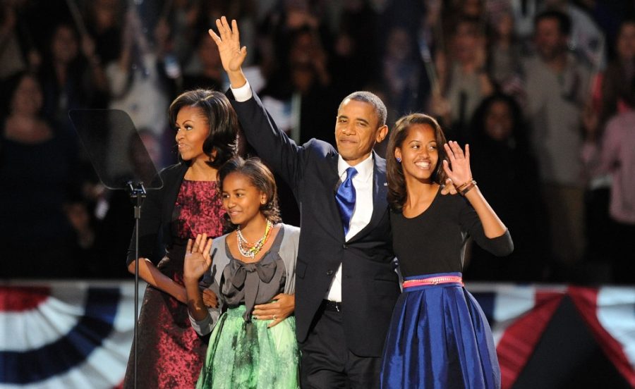 President Barack Obama and the first family take the stage Tuesday, November 6, 2012, in Chicago, Illinois, after the president was re-elected. (Olivier Douliery/Abaca Press/MCT)