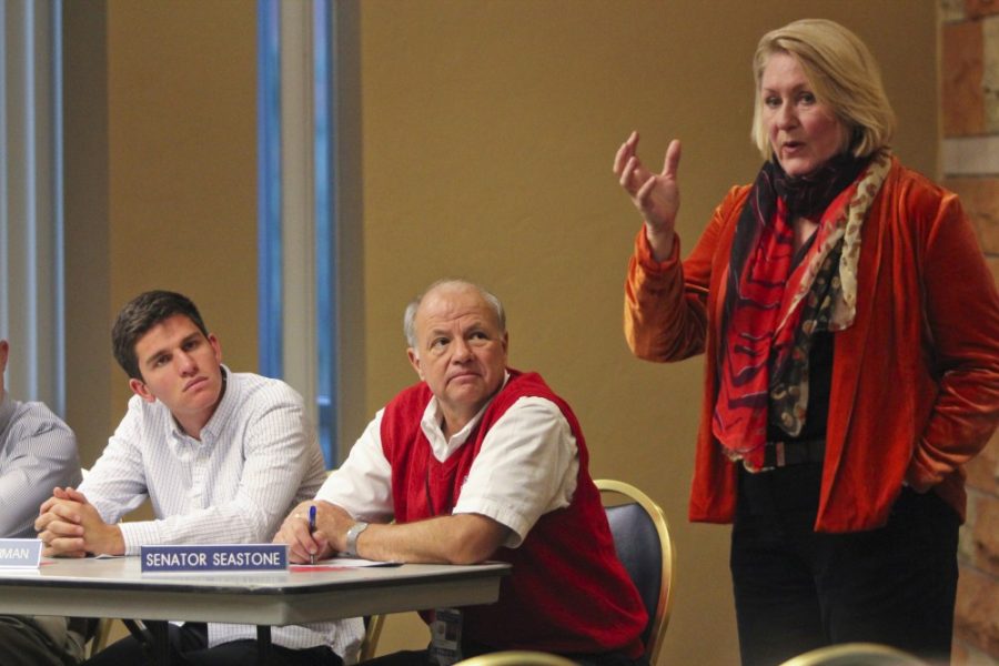 Kyle Wasson /  Arizona Daily Wildcat

President Ann Weaver Hart addresses students and ASUA members at a senate meeting held on Nov. 28 at the Student Union.