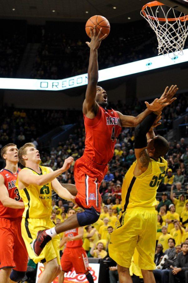 Arizonas Solomin Hill goes in for a layup during Oregons 70-66 victory over the previously unbeaten Arizona Wildcats Janurary 10, 2012 at Matthew Knight Arena. Hill had 16 points and 6 rebounds in a losing effort. (Alex McDougall/Emerald)