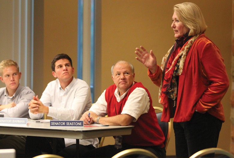 Kyle Wasson /  Arizona Daily Wildcat

President Ann Weaver Hart addresses students and ASUA members at a senate meeting held on Nov. 28 at the Student Union.  