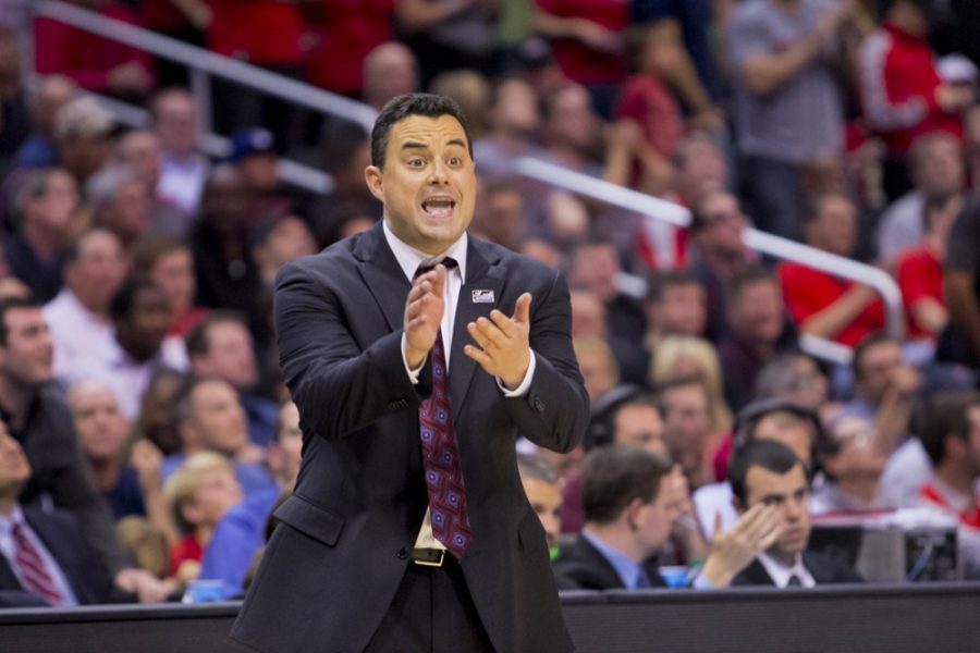 	Head coach Sean Miller yells to his team during Thursday’s Sweet 16 matchup with Ohio State in the NCAA Tournament. The Wildcats lost the game 73-70.