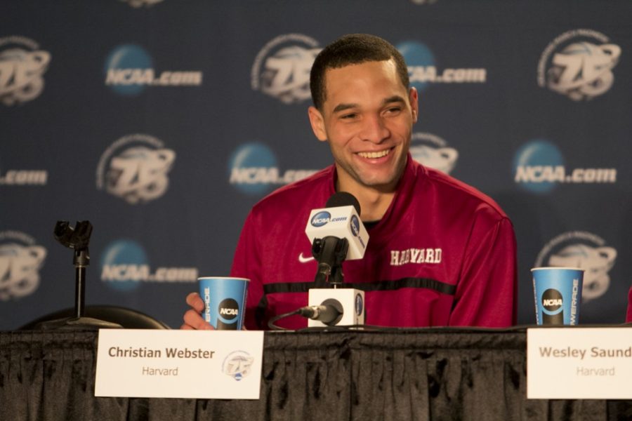 	Harvard guard Christian Webster was all smiles in Harvard’s post game press conference after the 13th-seed Crimson defeated third-seed New Mexico in the NCAA Tournament at EnergySolutions Arena in Salt Lake City on March 21, 2013 