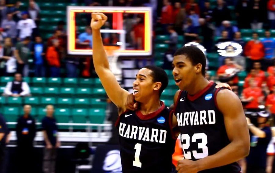 	Harvard point guard Siyani Chambers (left) and guard/forward Wesley Saunders celebrate an upset win against New Mexico in the second round of the NCAA Tournament on Thursday, March 22, 2013 at EnergySolutions Arena in Salt Lake City. The Crimson were a 14 seed, while New Mexico was a three.