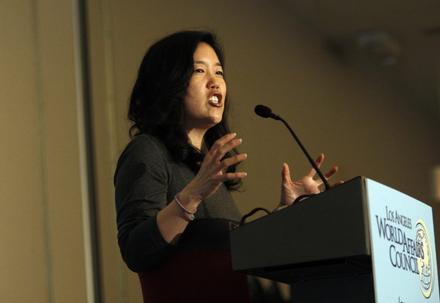 Michelle Rhee, former District of Columbia schools chancellor, delivers a speech titled Making the US Education System Competitive Globally, to the World Affairs Council at the Luxe Hotel in Los Angeles, January 31, 2013. (Allen J. Schaben/Los Angeles Times/MCT)
