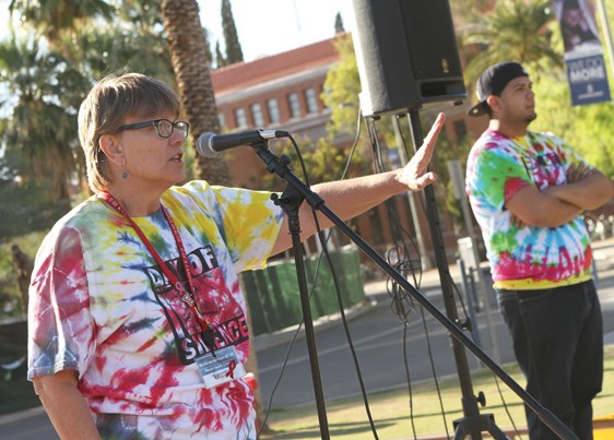 Kelsee Becker / Arizona Daily Wildcat

Martie van der Voort, a Campus Health Mental Health Clinician, welcomes members of LBGTQ Student Affairs and the Pride Alliance to the Breaking of the Silence on Wednesday evening. 