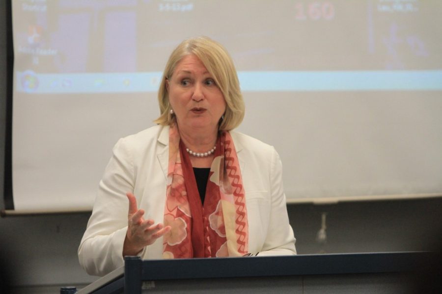Kelsee Becker / Arizona Daily Wildcat

President Ann Hart discusses the recently approved tuition increase at the Faculty Senate Meeting on April 1st.