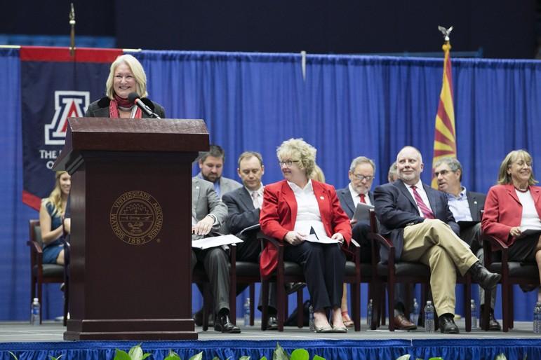 	University of Arizona President Ann Weaver Hart speaks at the New Student Convocation on Sunday, Aug. 25, 2013.