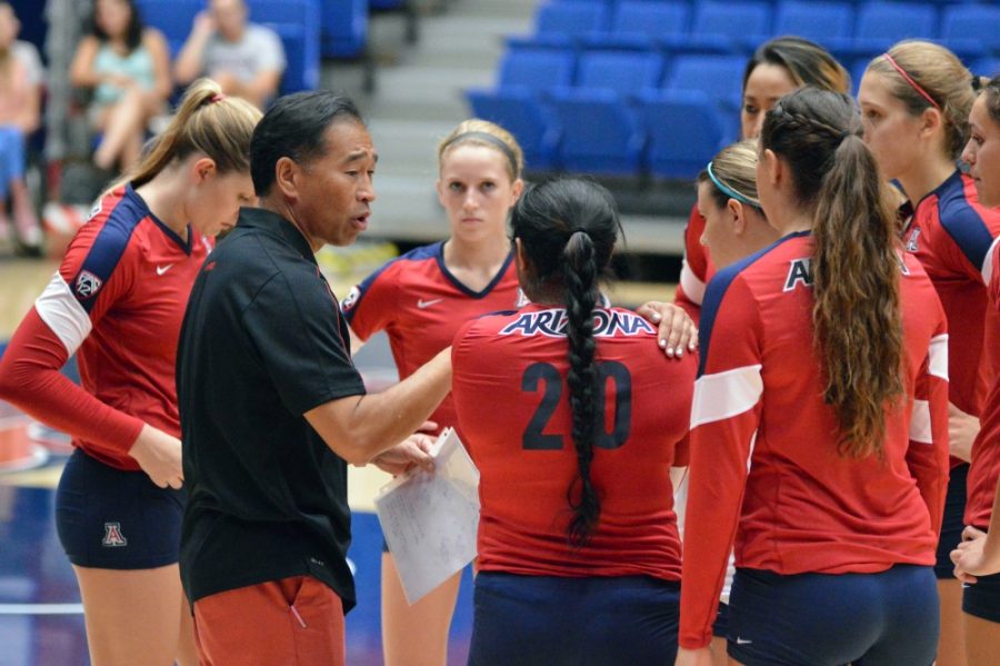 Brian Valencia/ Arizona Daily Wildcat

Dave Rubio talks to his players during the volleyball scrimmage on Saturday, Aug. 24, 2013. Rubio is starting his 21st season as head coach at UA. 