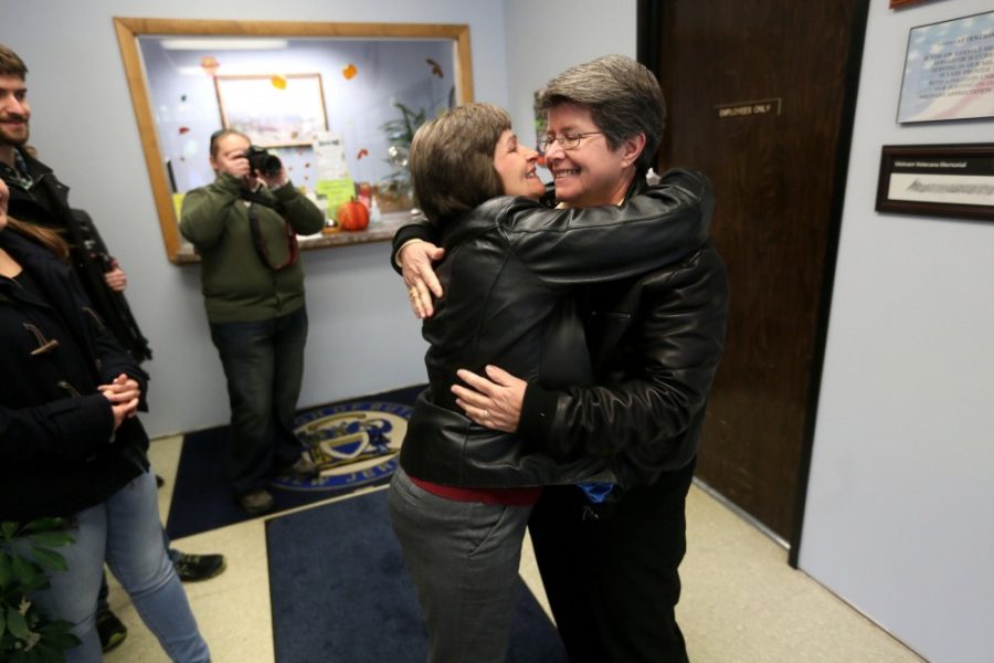 Cindy Meneghin and Maureen Kilian apply for their marriage license at the Butler Municipal Building in Butler, New Jersey, on Monday, October 21, 2013. (Chris Pedota/The Record/MCT)