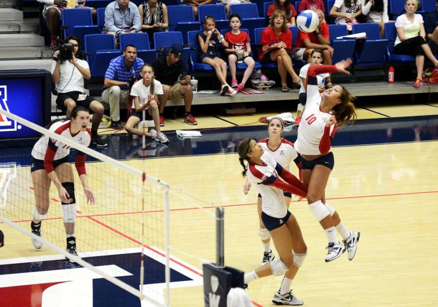 Ryan Revock / The Daily Wildcat

UA Outside Hitter Jane Croson spikes the ball against OSU on Oct. 6.  The Wildcats defeated OSU 3-1.  
