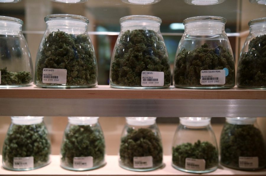 Jars containing various strands of medical marijuana sit behind a display case at the River Rock Medical Marijuana Center in Denver, Colorado, on May 16, 2013. (Anthony Souffle/Chicago Tribune/MCT)