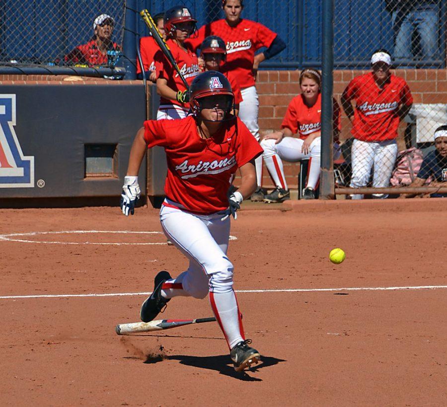  Lili Steffen / The Daily Wildcat

UA Outfielder, Gemmas Contreras runs for first base after bunting the ball on Saturday.  The Wildcats defeated Central Arizona 11-3. 