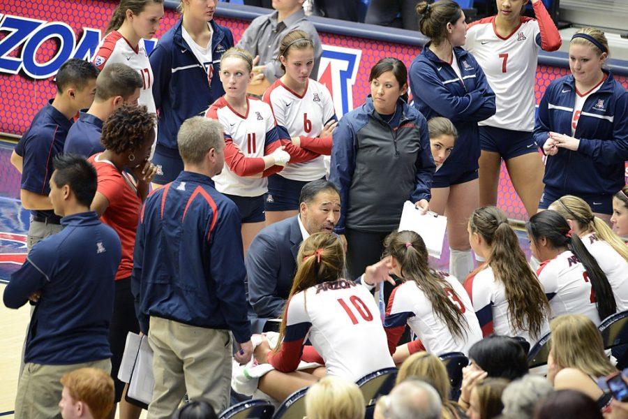 Ryan Revock / The Daily Wildcat

UA volleyball head coach Dave Rubio coaches his team during a timeout during the Washinton game on Sunday at the McKale center.  Washinton defeated the Wildcats 3-0.  