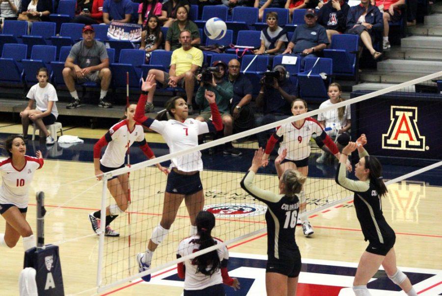Amy+Phelps+%2F+The+Daily+Wildcat%0A%0AOlivia+Magill+spikes+the+ball+against+Colorado+on+Sunday+at+the+McKale+Center.++