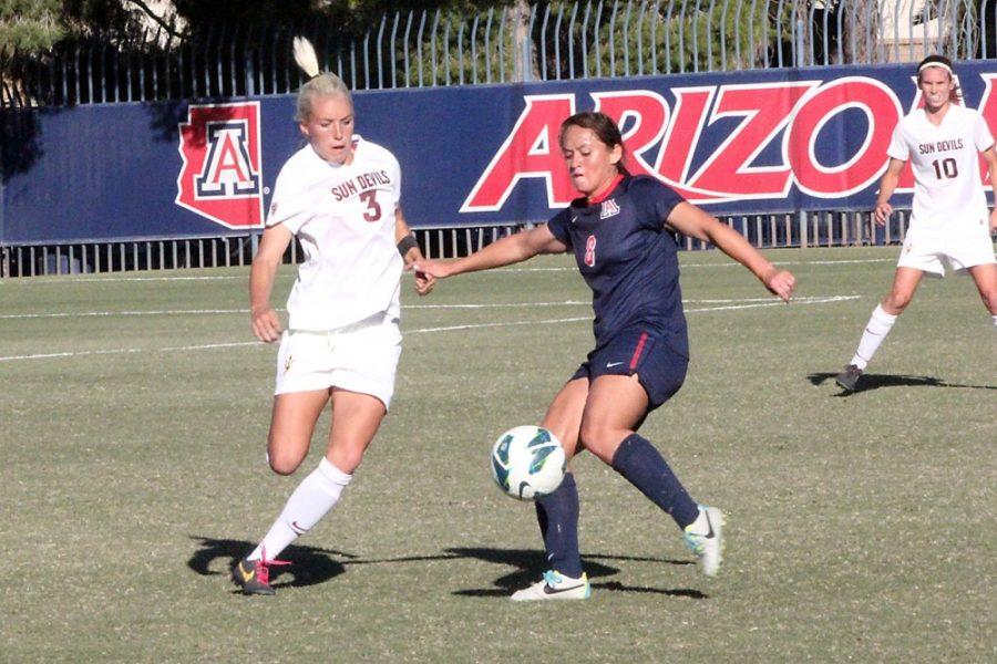 Amy Phelps / The Daily Wildcat

UA senior forward Jazmin Ponce fights for the ball against ASU on Thursday at home.  The Wildcats defeated ASU 2-0.  