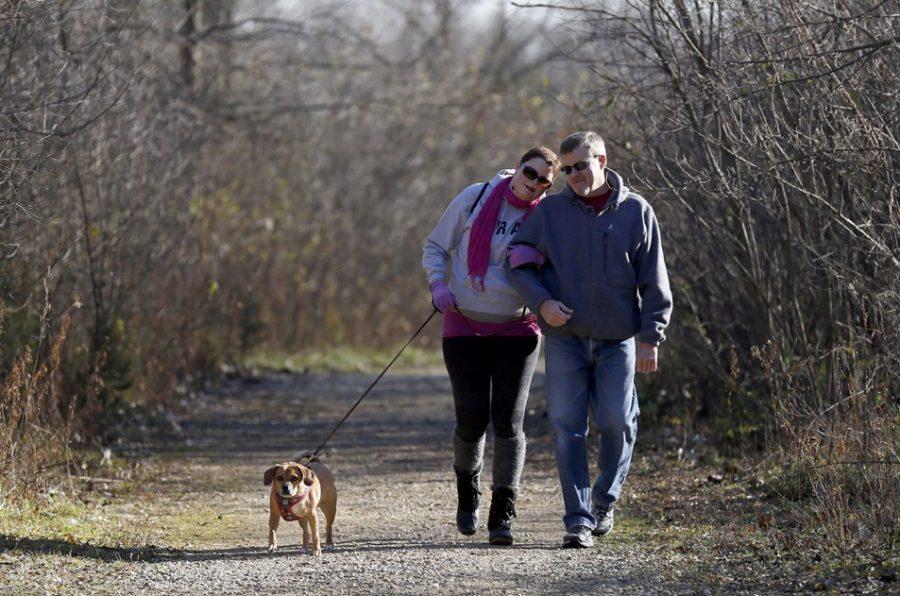 Meghan O'Brien, 31, of Huntley, left, takes a walk in the woods with her dad, Ken O'Brien, and their dog, "Max", at Raceway Woods Forest Preserve in Carpentersville, Ill., Nov. 19, 2013.  Meghan who grew up in the country says the woods are her "happy place" as she struggles with stage 4 lung cancer.  (Stacey Wescott/Chicago Tribune/MCT)